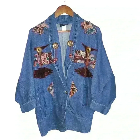 Vintage Oversize Cowgirl/Western Jean Jacket Aztec Pattern USA - Picture 1 of 9